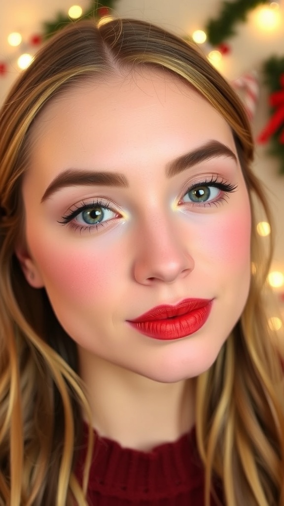 Close-up of a Christmas makeup look with fresh skin, pink blush, neutral eyeshadow, and red lipstick.